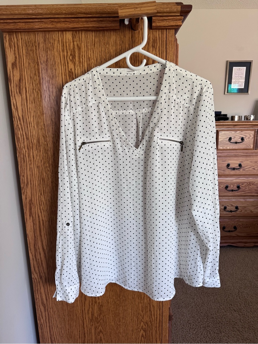Maurices White Polka Dot V-Neck Blouse with Zip Pockets